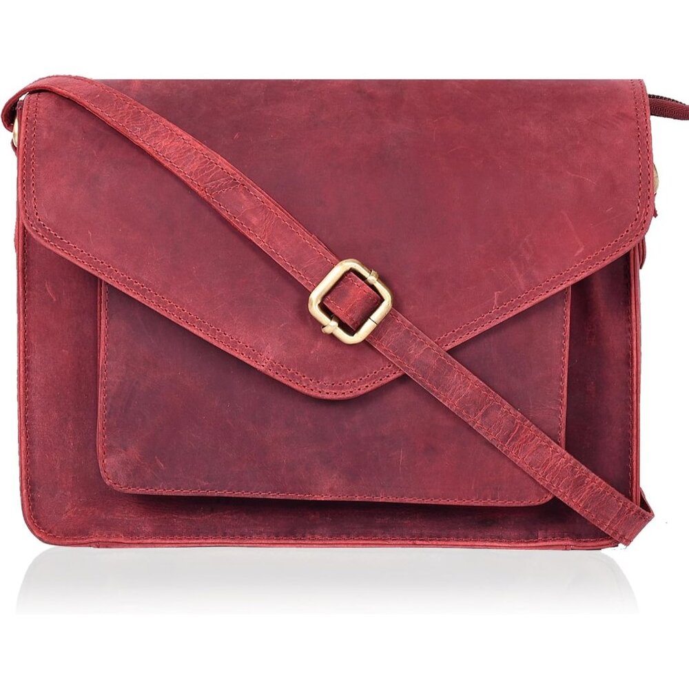 〽️Women Red Hunter Leather Flapover Crossbody Handbag Adjustable Strap Tote/Bag